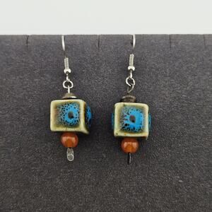 Cube Bead Stone Earrings Brown Green Blue Hook Dangle Drop Southwestern Hippie